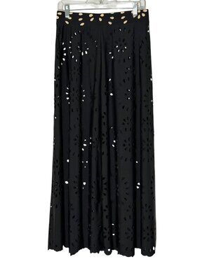 Laser-Cut Black Maxi Skirt Floral Pattern Contrast Waist One Size Swim Cover Up